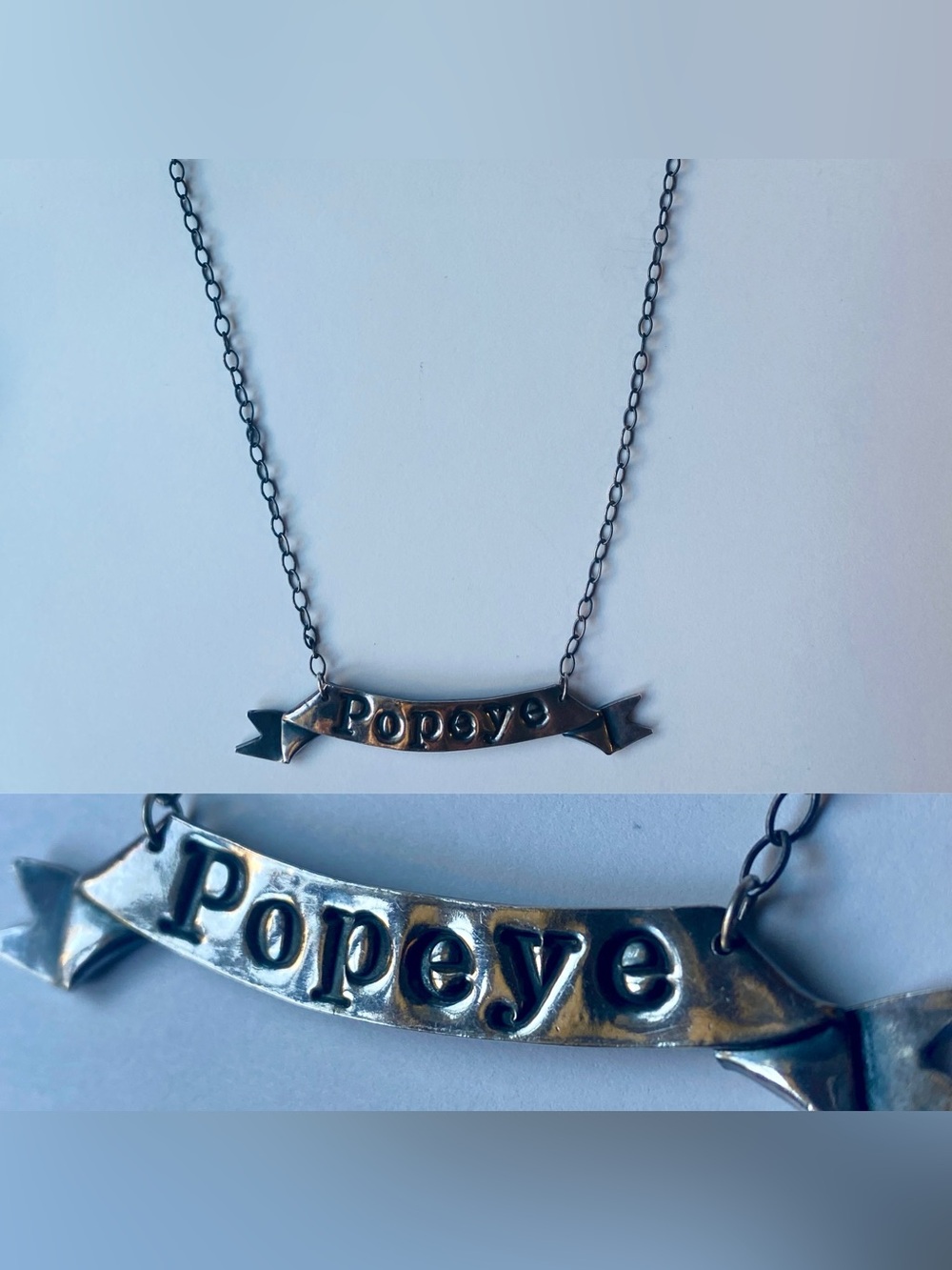 Sterling Silver Popeye Banner Necklace, Handmade Women’s Jewelry